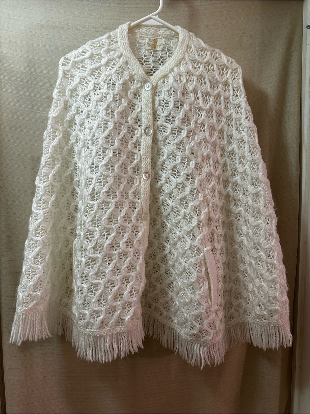 Vintage 1970s White Crochet Cape Poncho Fringe Button Front Made in Japan Hippie